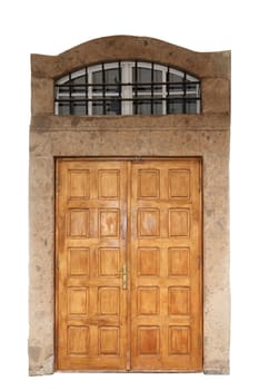 wooden door with stone border isolated over white background