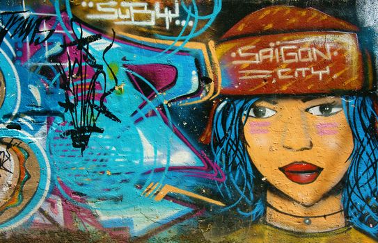 HO CHI MINH CITY, VIET NAM- OCT17: Amazing, beautiful, vivid painting of graffiti art on wall, colorful creative with nice shapes, street art of modern time, Vietnam, Oct 17, 2014