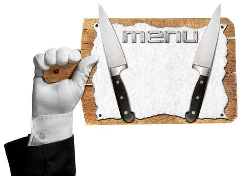 Hand of waiter with white glove holding a old wooden cutting board with empty white sheet of paper, two kitchen knives and written menu