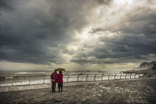 A senior couple staring at sea under their umbrella