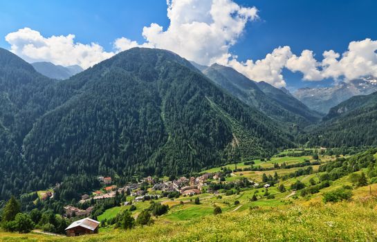 Pejo valley with Pejo Terme village on summer, Trentino, Italy