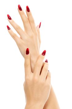 Female hands with red fingernails, white background, isolated