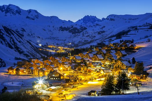 View of Saint Jean d'Arves by night in winter, France