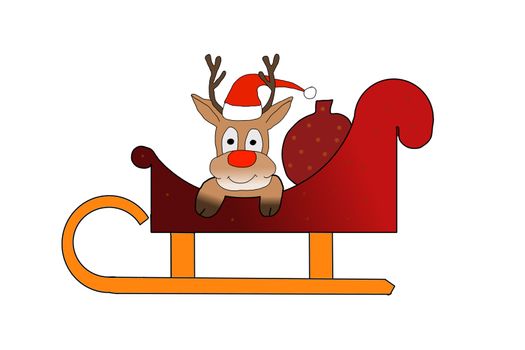 Rudolph sitting in Santas sleigh on white background