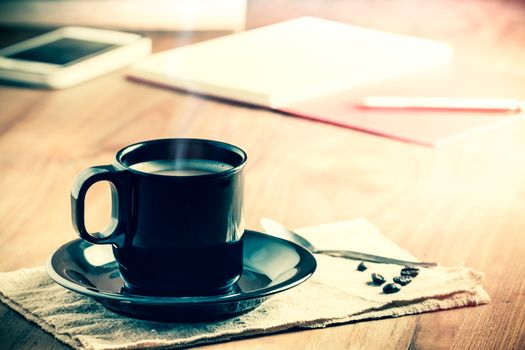 Coffee cup and coffee beans, vintage style