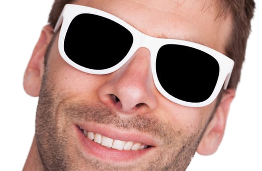 Close-up of a man wearing white sunglasses, isolated on white