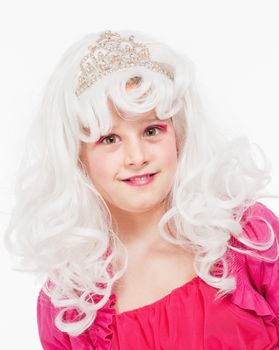Young Girl in White Wig and Diadem Posing as Princess