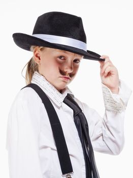 Portrait of a Little Girl with Hat Posing as a Gangster