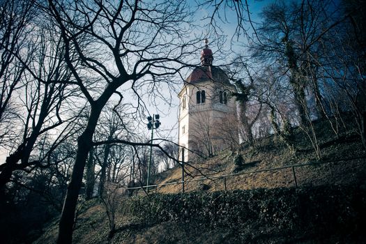 Graz, Austria - January 16, 2011: View of Glockenturm tower on Schlossberg hill, Graz, Styria, Austria