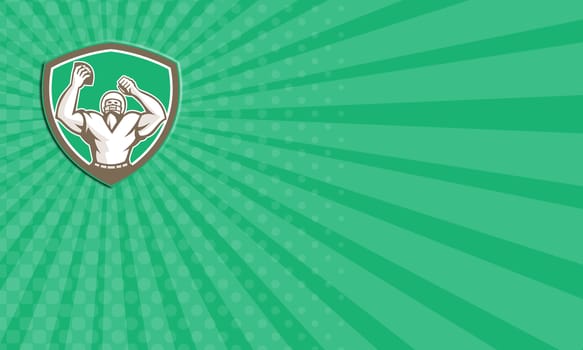 Business card showing illustration of an american football with helmet holding ball over head celebrating viewed from the front set inside shield crest on isolated background done in retro style. 