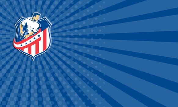 Business card showing illustration of an american rugby player passing ball looking to the side set inside shield crest with american stars and stripes in the background done in retro style. 