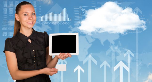 Beautiful businesswoman in dress holding tablet and white empty card near screen of tablet. White cloud, arrows and texts as backdrop