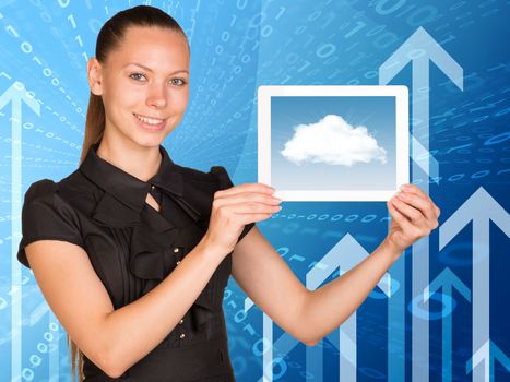 Beautiful businesswoman smiling and holding tablet with clouds on screen. Arrows and figures as backdrop