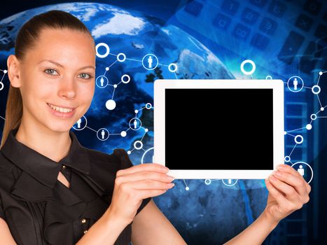 Beautiful businesswoman smiling and holding tablet pc with blank screen. Earth, network with people icons and calculator as backdrop. Elements of this image furnished by NASA