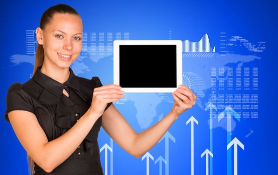 Beautiful businesswoman in dress smiling and holding tablet pc. Arrows and figures as backdrop