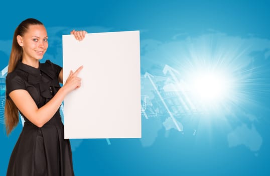 Beautiful businesswoman in dress smiling and holding empty paper sheet. World map and arrows as backdrop