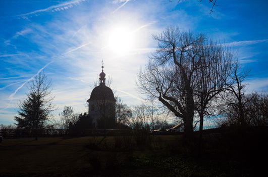 Graz, Austria - January 16, 2011: Silhouette view of Glockenturm tower on Schlossberg hill, Graz, Styria, Austria