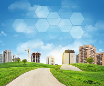 Buildings, construction site, green hills, road and transparent hexagons. Business concept