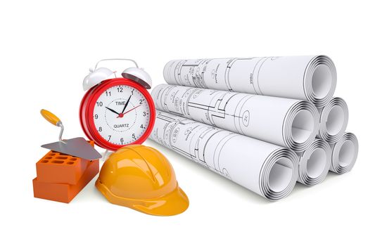 Scrolls of architectural drawings and alarm clock with work tools. Industrial concept