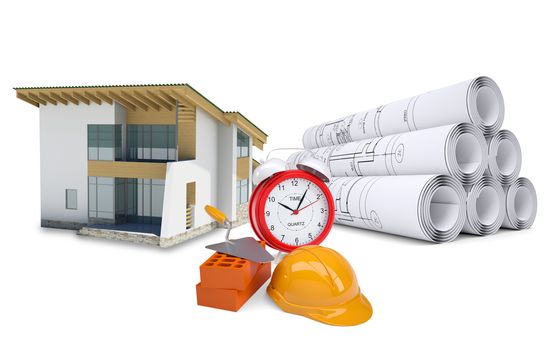 Small model house near scrolls of architectural drawings and alarm clock. Construction concept