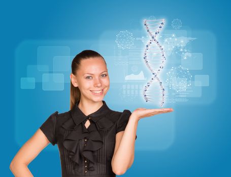 Beautiful businesswoman in dress smiling and holding model of DNA. Scientific and medical concept
