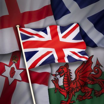 The flags of the United Kingdom of Great Britain - England, Scotland, Wales and Northern Ireland.