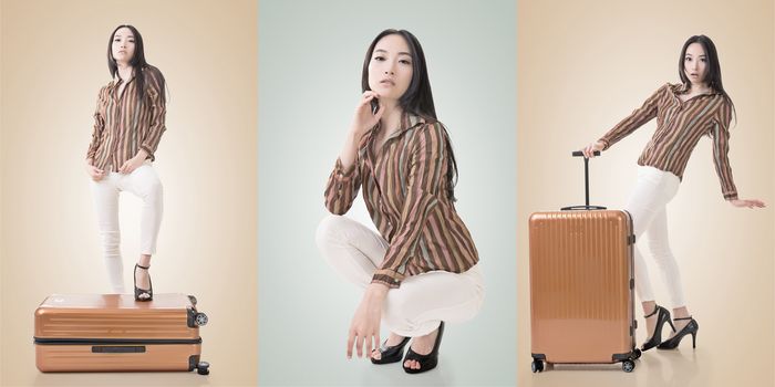 Travel concept with Asian beauty with a luggage in a set.