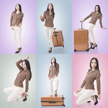 Travel concept with Asian beauty with a luggage in a set.