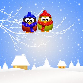 illustration of owls in winter