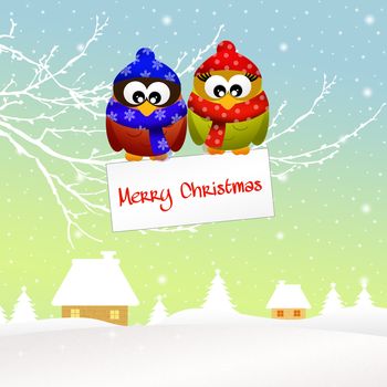 illustration of owls at Christmas