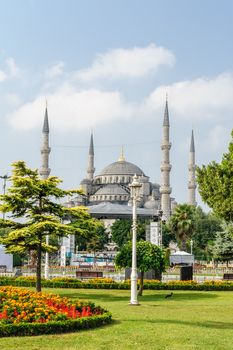 View from park to famous Blue Mosque, Istanbul, Turkey