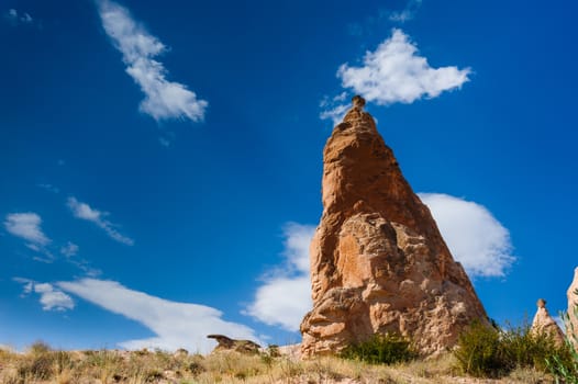 Landscape with bizzare tufa rocks in Cappadocia, Turkey