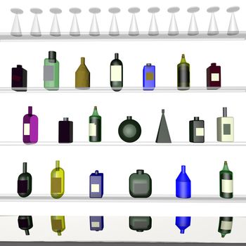 Bar wall full of bottles, 3d render