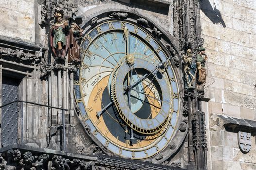 Close up view of the astronomical clock of Prague, Czech Republic.