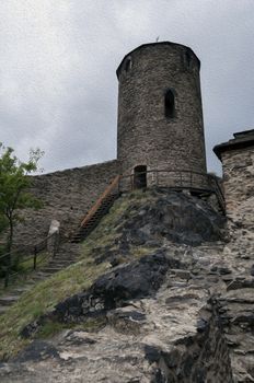 Medieval Strekov Castle in North Bohemia, Czech Republic. Oil paint effect.