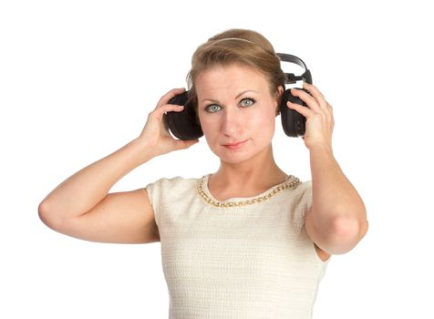 Woman with big black earphones