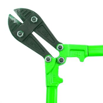 Close-up of an old pair of boltcutters on a white background