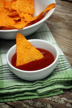 mexican food nachos and salsa close up