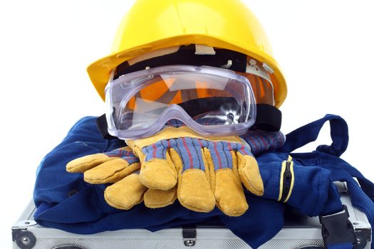 Safety equipment set, close up on white