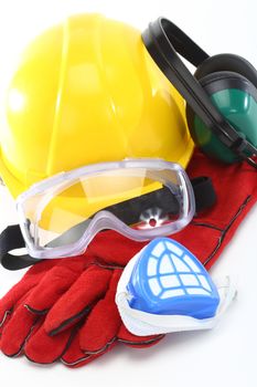 Safety equipment set, close up on white