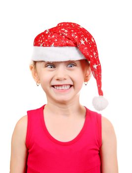 Cheerful Little Girl in Santa Hat Isolated on the White Background