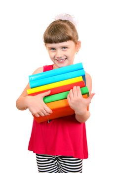 Cheerful Little Girl with the Books Isolated on the White Background