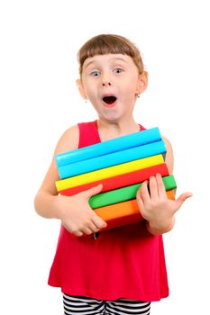 Surprised Little Girl with the Books Isolated on the White Background