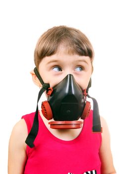 Little Girl in in Gas Mask Isolated on the White Background