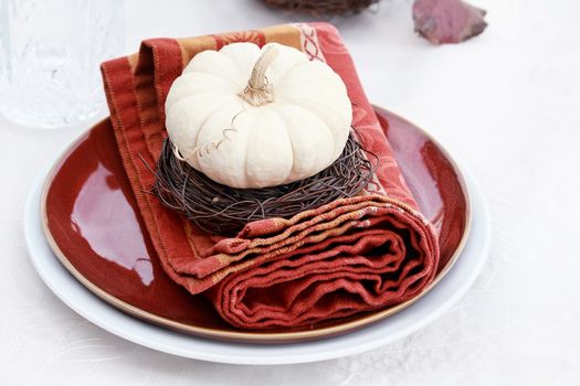 Beautiful table set with white pumpkins and natural items ready for an autumn meal.