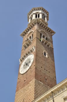 Tower in Piazza delle Erbe (Market's square) ,  a square in Verona, northern Italy. 