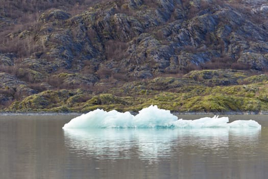 Ice on Mendenhall Glacier Lake displays hues of blue and reflect on the cold, glacial water.  Due to melting glacier conditions, ice-free mountains are visible on edges of lake.