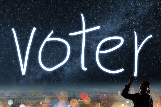Concept of vote, election, democracy, silhouette of asian business woman light drawing.