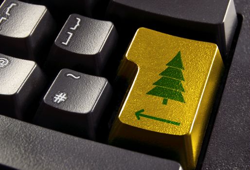 Gold computer enter key with green christmas tree symbol