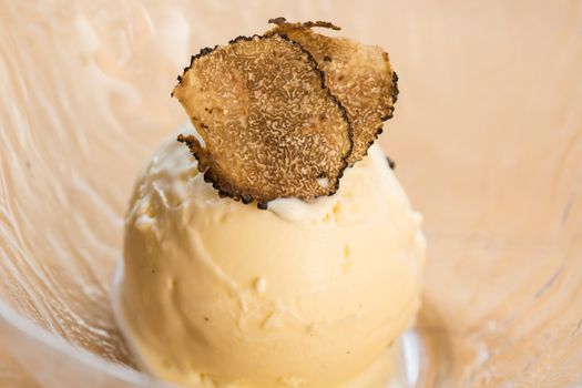 Ice Cream Sundae topped with truffle. Selective focus